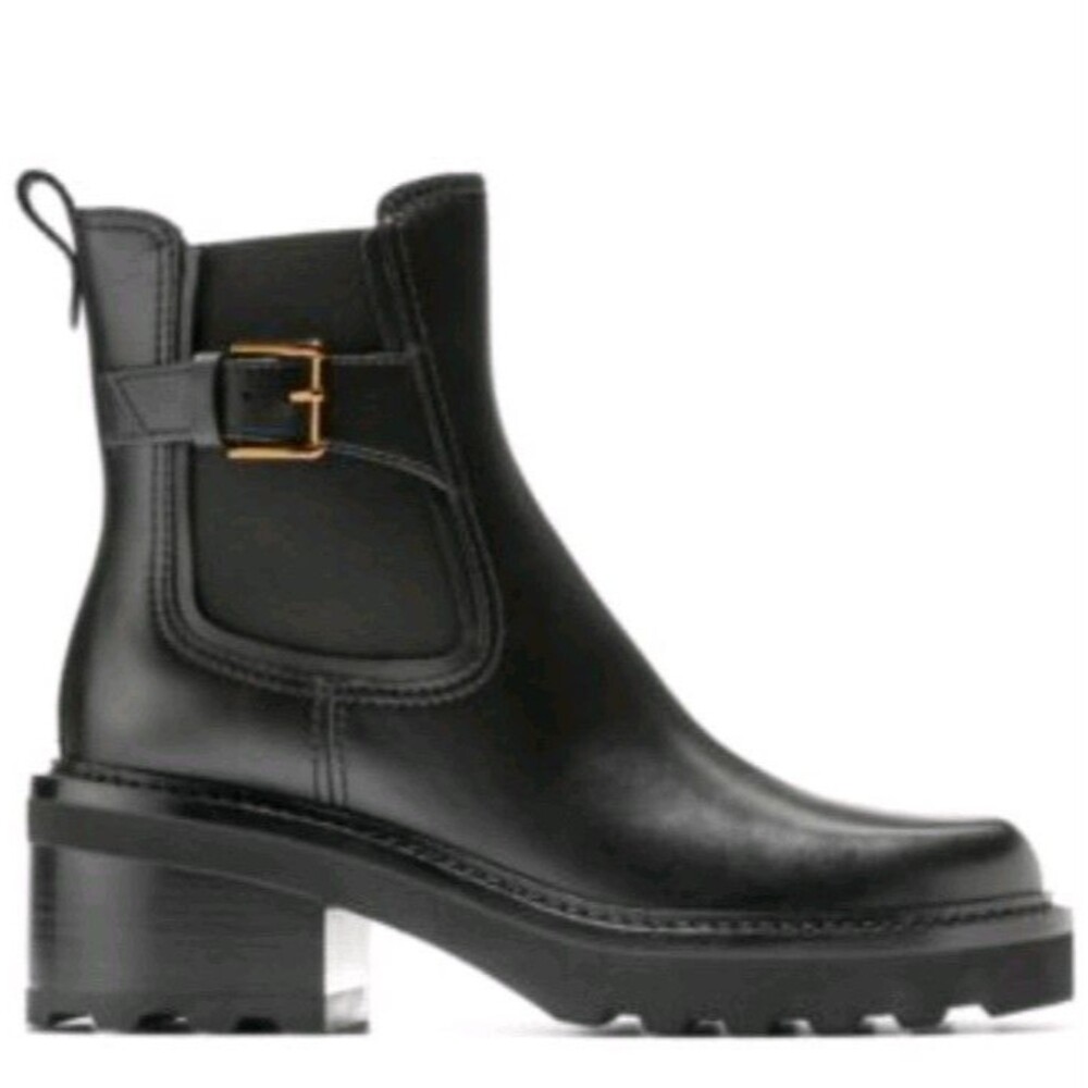 Cole Haan Women's Shibley Waterproof Lug Buckle Black Leather Boots  SZ 7B